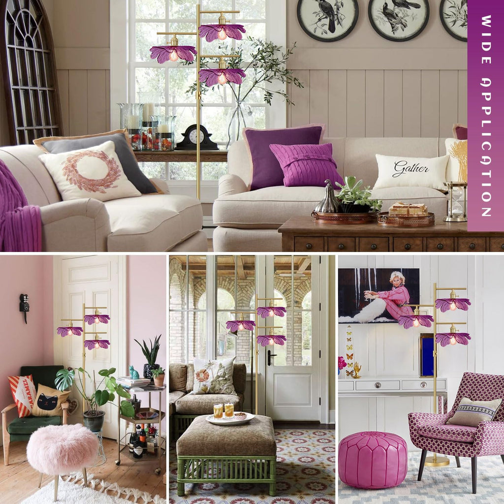 65' Gold Dimmable Floor Lamp, 3-Light Standing Lamp with Purple Flower Glass Shade, Vintage Tall Floor Lamp for Living Room Bedroom Corner Study Office Home