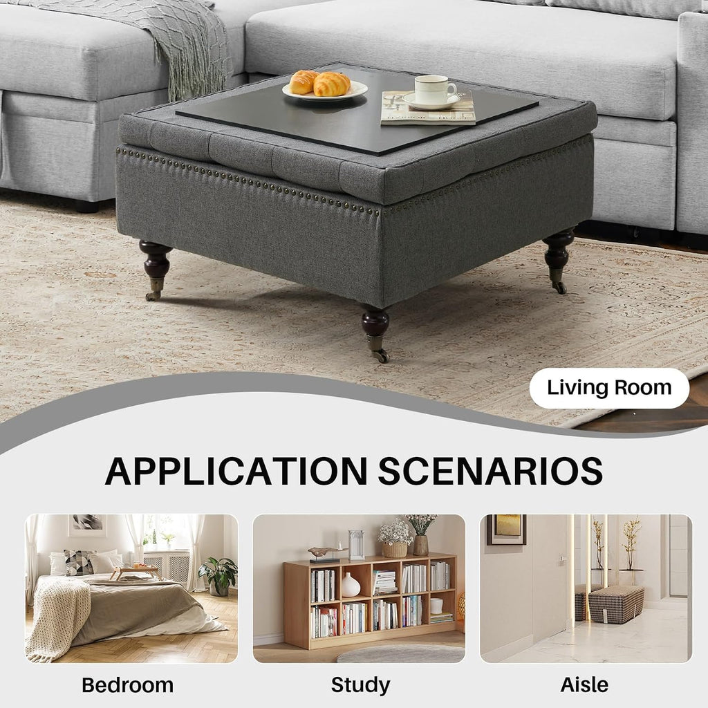 4-in-1 Square Storage Ottoman Bench with Rolling Wheels,Large Ottoman with Storage,Upholstered Coffee Table for Living Room/Bedroom,Dark Gray