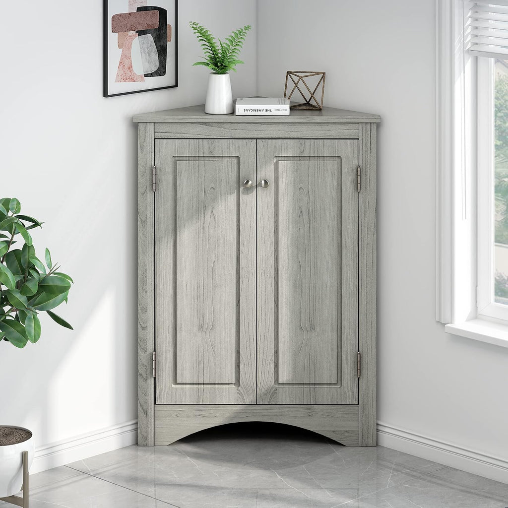 Knocbel 31.5' Height Corner Floor Storage Cabinet with Brushed Nickel Knobs, 2 Doors and Adjustable Shelves, Bathroom Pantry Corridor Free Standing Triangle Organizer Unit (Oak)