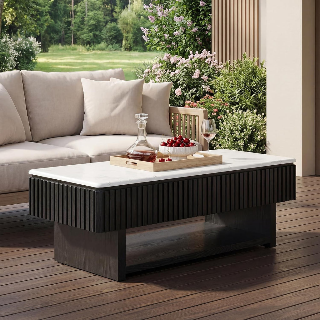 47.4' Lift Top Coffee Table with Drawer & Storage, Modern Fluted Coffee Table with Marble-Pattern Top & Solid Wood Strips, Rising Center Table for Living Room Apartment,Rectangle, Black & White