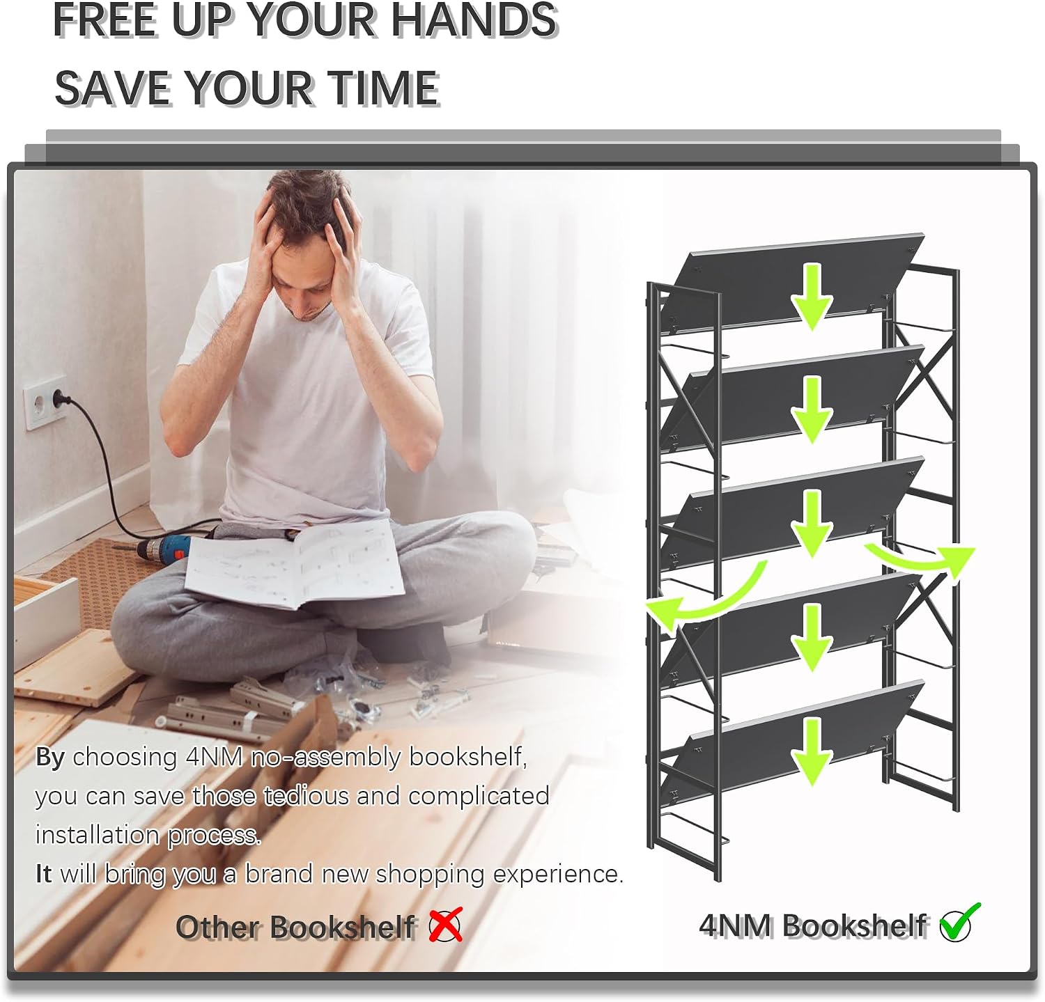 4NM Extra Wide 5 Tiers No Assembly Book Shelves, 51.2' H Folding Bookshelf Bookcase Open Industrial Foldable Shelves for Bedroom, Living Room, Home Office - All Black