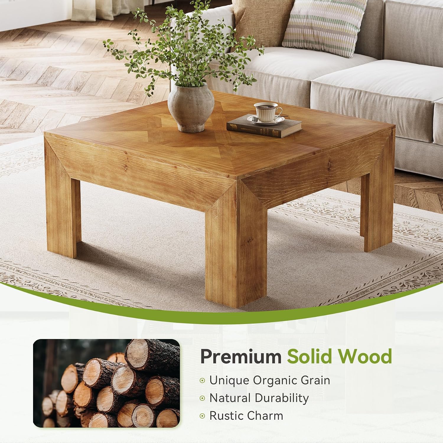 LITTLE TREE 39.4' Solid Wood Coffee Table, Square Coffee Table with Intricate Inlaid Top & Sturdy Legs, Rustic Center Tables for Living Room, Easy Assembly, Brown, 39.4' L x 39.4' W x 19.7' H