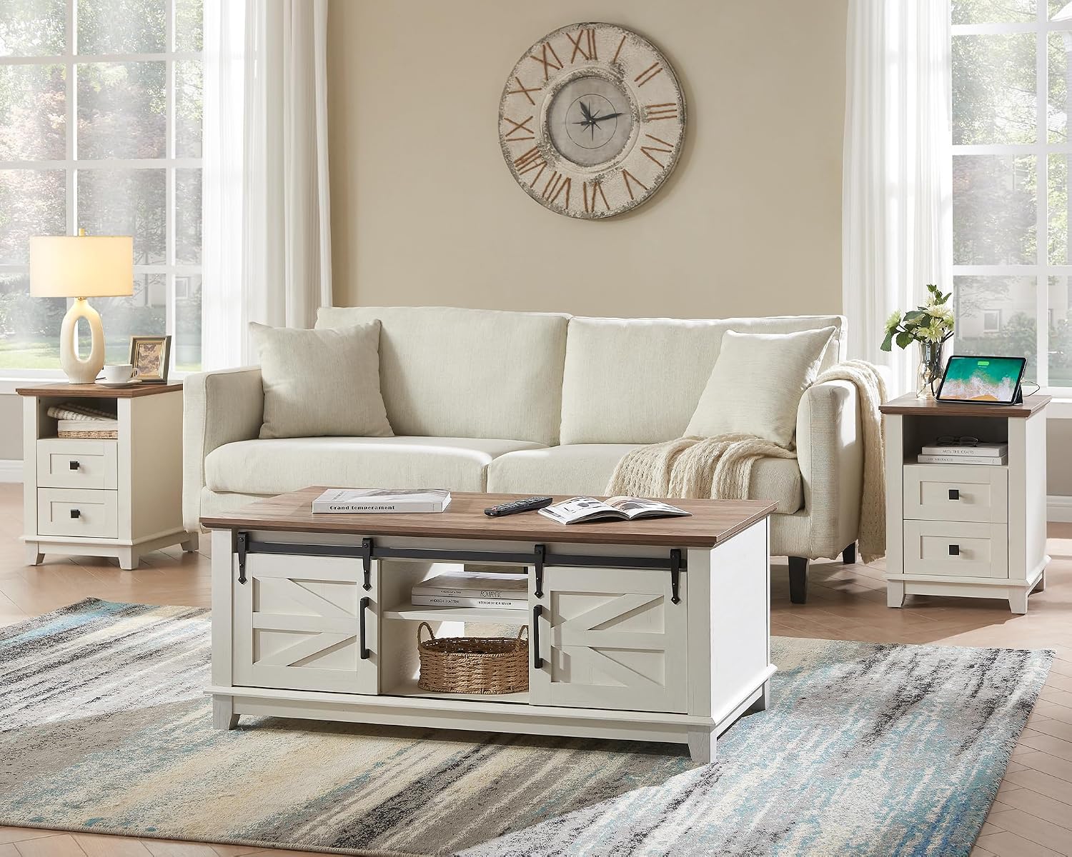 AMERLIFE 3-Piece Farmhouse Living Room Table Set - Coffee Table with Sliding Barn Doors & End Table Set of 2 with Charging Station and Storage Drawers, Rustic White