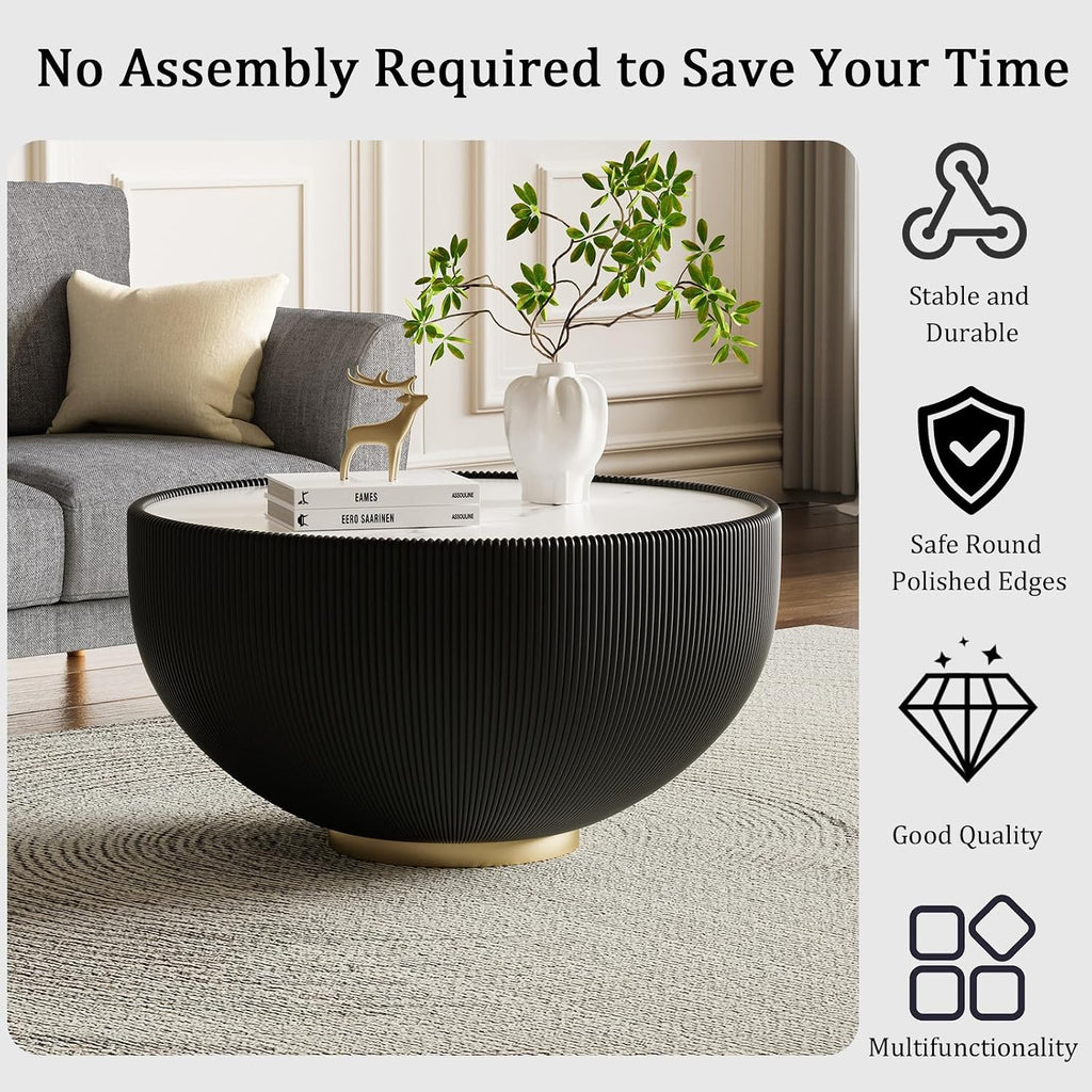 Black Round Coffee Table with Sintered Stone Tabletop, 27.56' Drum Coffee Table with Fluted PU Leather Covered and Metal Base, Circle Cocktail Tea Table for Living Room