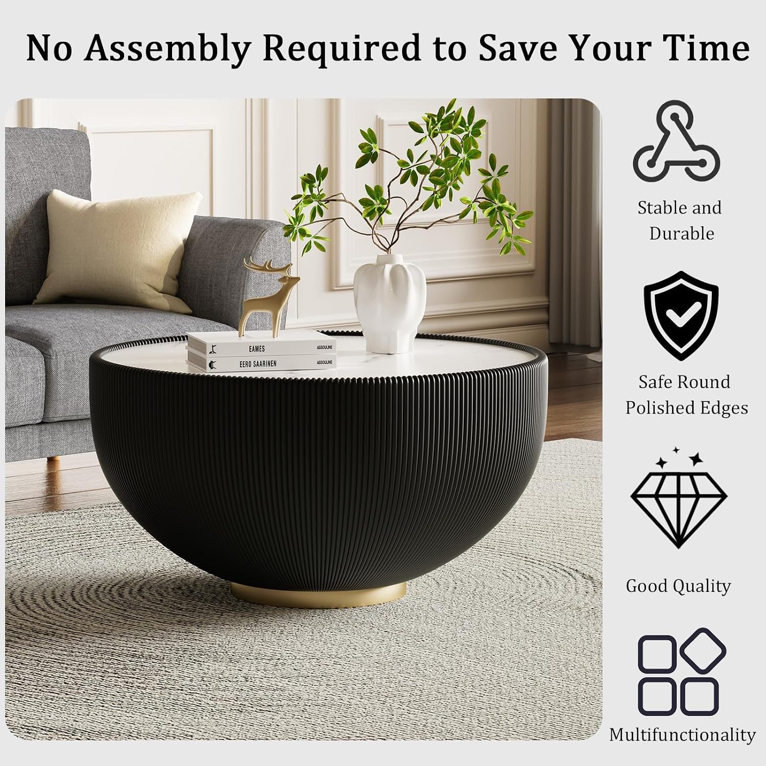 Black Round Coffee Table with Sintered Stone Tabletop, 27.56' Drum Coffee Table with Fluted PU Leather Covered and Metal Base, Circle Cocktail Tea Table for Living Room