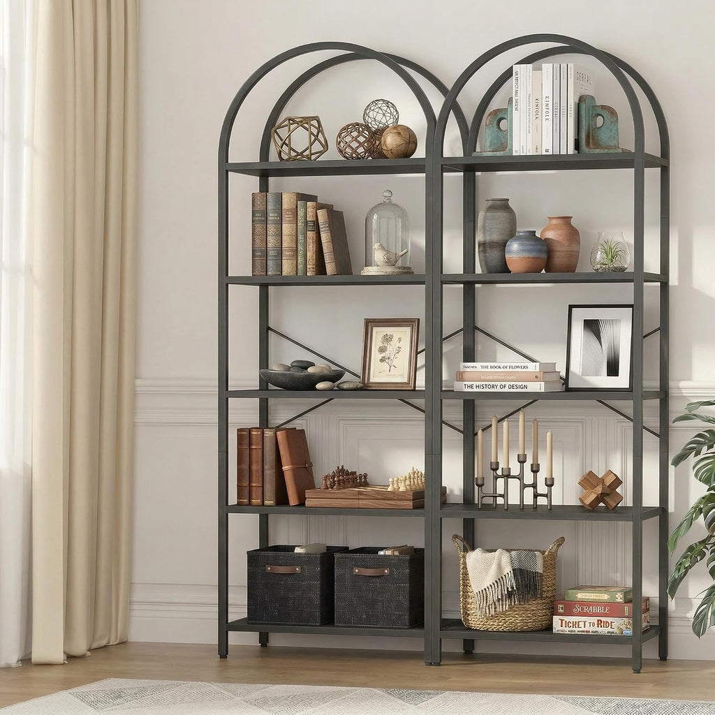 Takywep Bookshelf, Arched Bookcase with Metal Frame 5 Tiers Bookshelf Industrial Arched Cabinet Display Shelf Floorstanding Storage Shelving Unit for Bedroom, Living Room and Home Office, Black