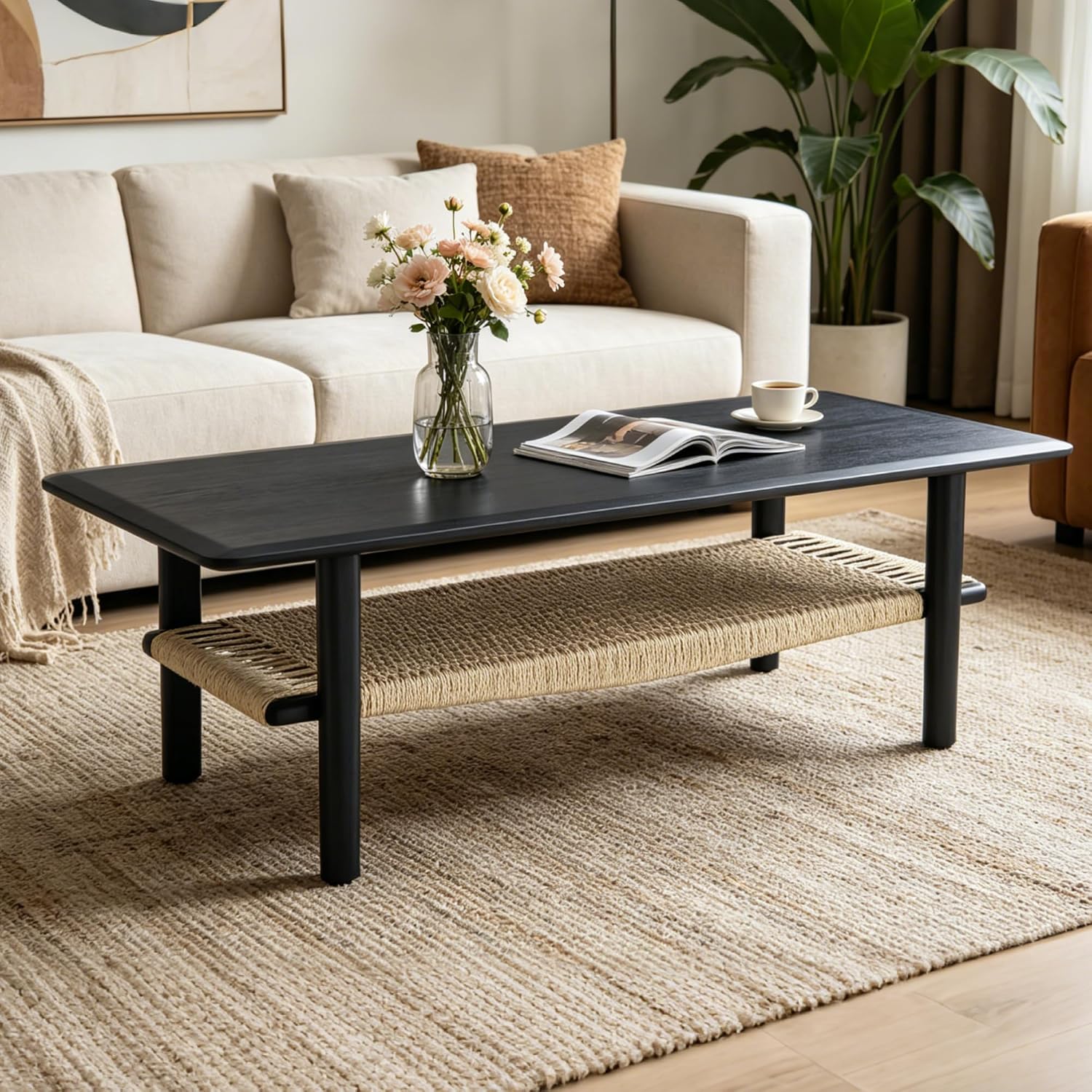 Black Coffee Table for Living Room Farmhouse Coffee Table with Natural Rattan Storage Shelf Large 2-Tier Rectangular Center Table for Living Room Reception