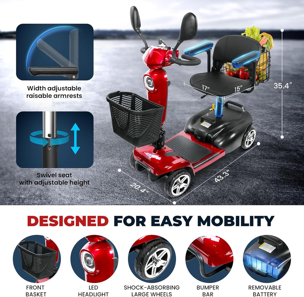 4 Wheel Mobility Scooters for Adults, Foldable Powered Mobility Scooter with Rearview Mirror,14 Miles Range, 5 Mph Long Range Power Extended Battery with Charger, Rear Basket and LED Light (Red-X-03)
