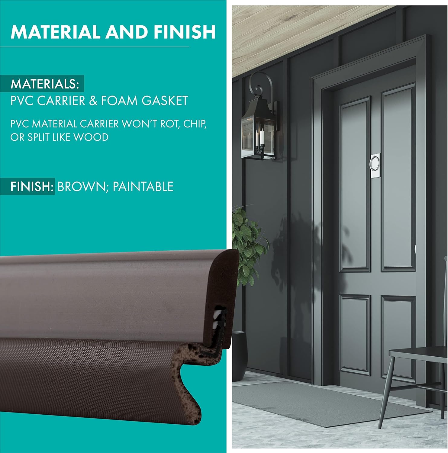 Simply Conserve Windjammer Nail-Up Set Door Weatherstripping with PVC Carrier and Foam Gasket in Brown DS060W-B | Paintable Door Draft Stopper for Sides and Top | Foam Weather Stripping Door Seal