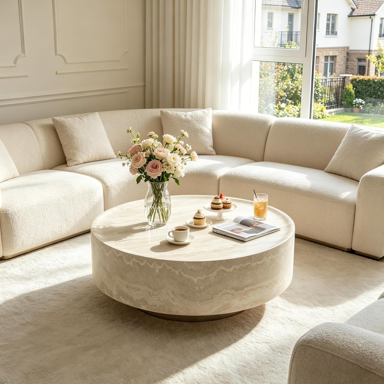 Faux Marble Round Coffee Table, 31.5' Luxury Circle Coffee Table, Drum Stone Center Table, Beige End Table, Minimalist Sofa Accent Table for Living Room Apartment Office
