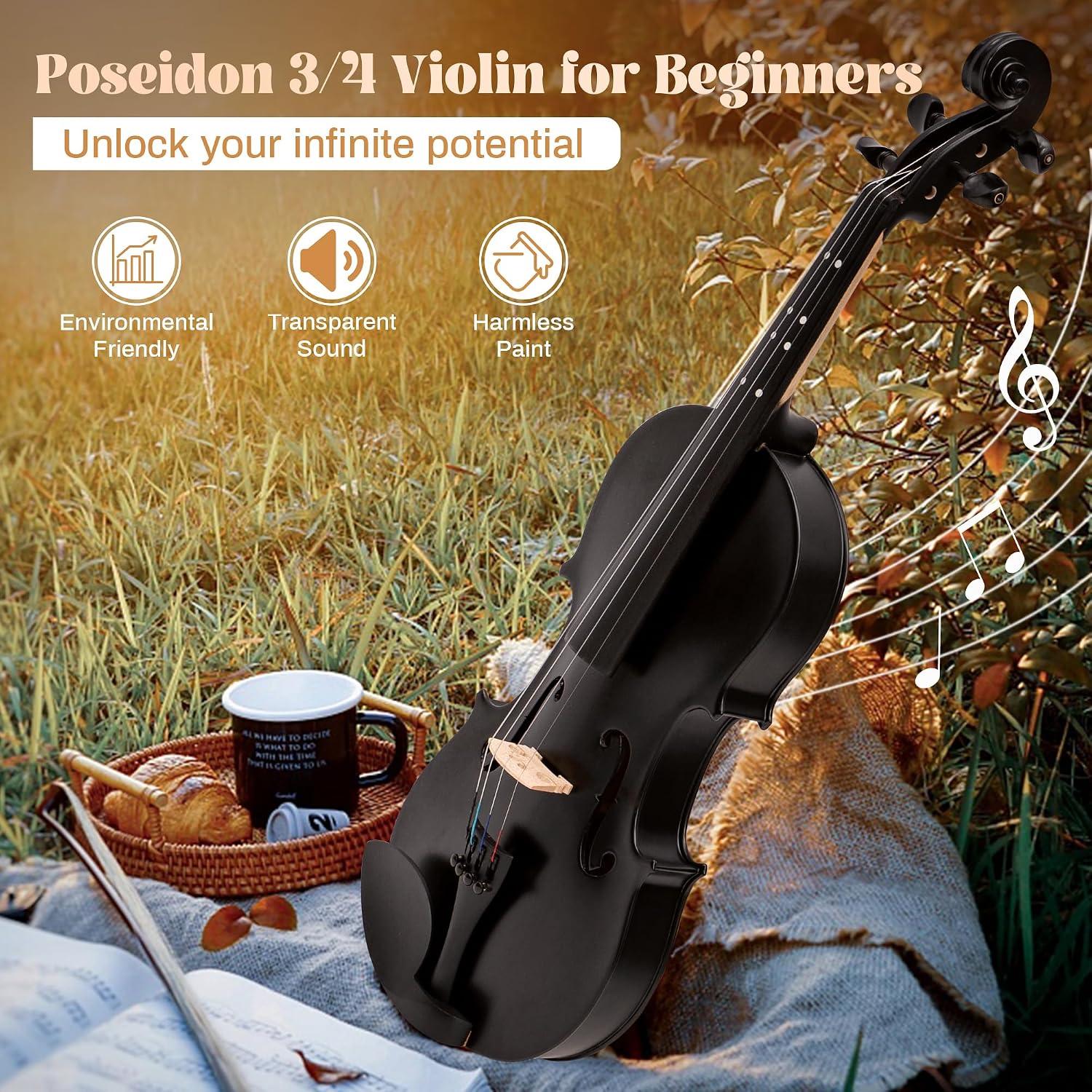 3/4 Acoustic Violin Fiddle, Black Violin for Beginners for Beginners Violin Starter Kit w/Case, Two Bows, Two Bridges, Two Rosins, Two 3/4 Strings Full Size Set, Shoulder Rest, Clip-on Tuner, Manual