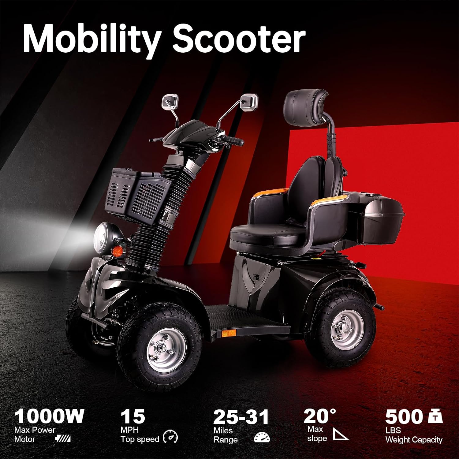 Heavy Duty Mobility Scooters for Seniors & Adults 500lbs Capacity - Electric Powered Mobility Cart - 1000W All Terrain Recreational Mobility Scooter for Travel