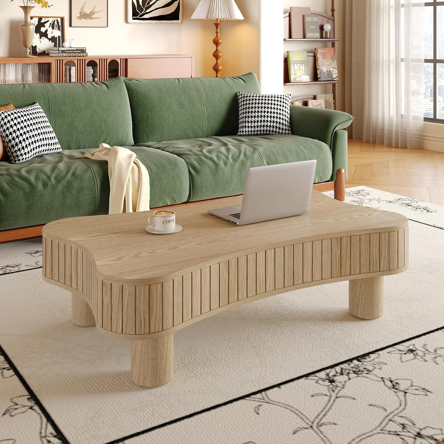 42' Cloud Fluted Lift Top Coffee Table with Hidden & Open Storage, Modern Center Table with Hydraulic Raising Mechanism, Irregular Shape Tea Table with Curved Safety Corners, Natural