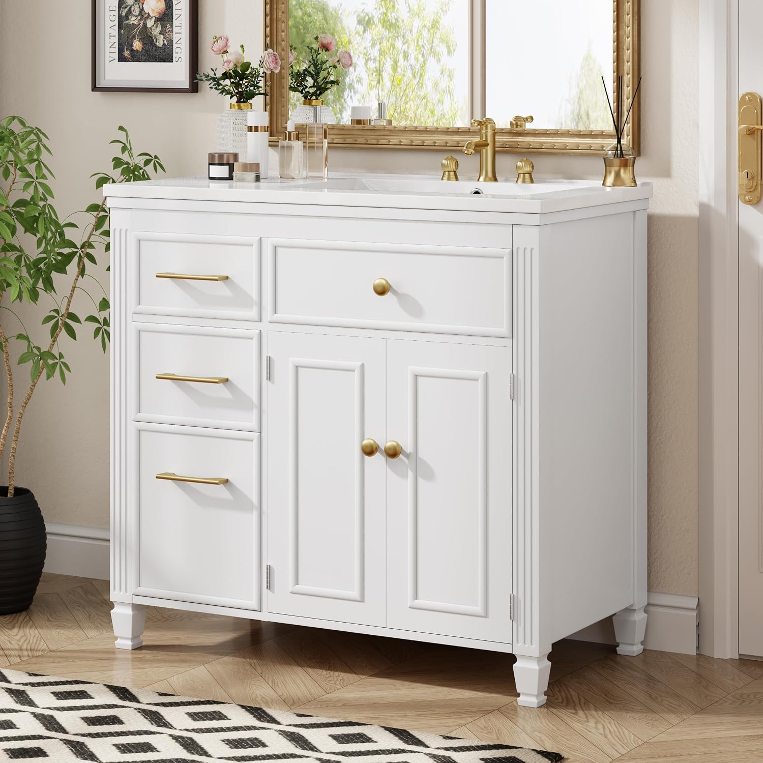 Merax 36' Bathroom Vanity with Ceramic Sink Set Combo, Tip-Out Drawer, Storage Cabinet Organizer with 2 Doors and Adjustable Shelf, White