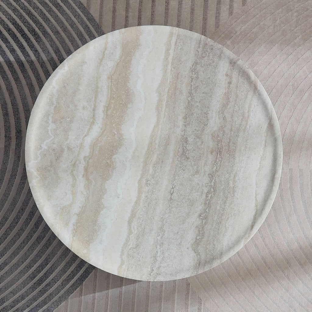 Round Coffee Tables for Living Room, Faux Mars Pattern Pedestal CoffeeTables Mid Century Modern Minimalist Side Tables Travertine Stone Pattern Accent End Table for Apartment, Office Fibgerglass Beige