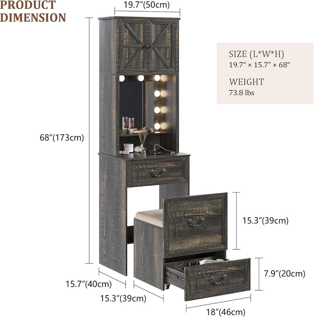 Compact Vanity with Hidden Chair, Makeup Vanity Desk with Mirror and Lights, Farmhouse Vanity Table with Storage Drawers for Bedroom, Dressing Table Gift for Girls Lady