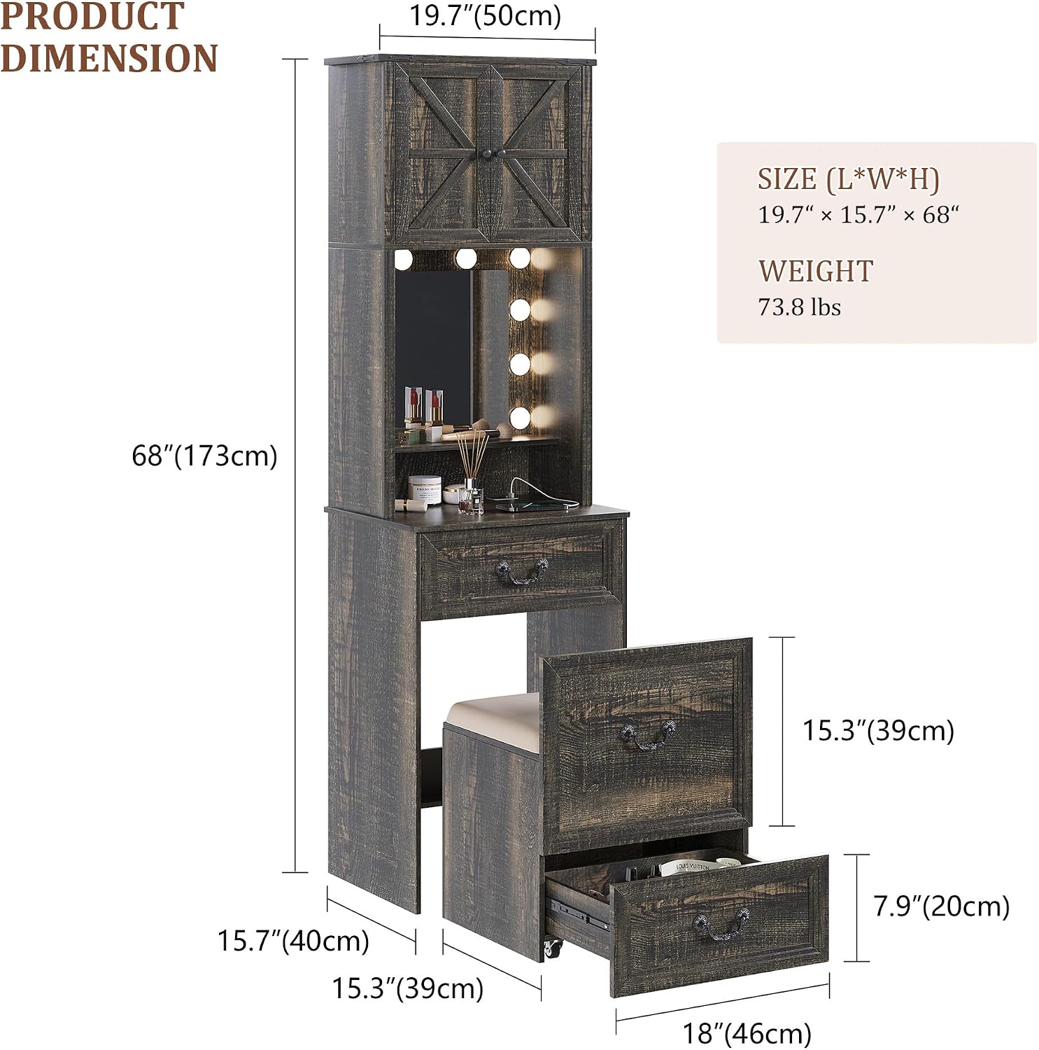 Compact Vanity with Hidden Chair, Makeup Vanity Desk with Mirror and Lights, Farmhouse Vanity Table with Storage Drawers for Bedroom, Dressing Table Gift for Girls Lady