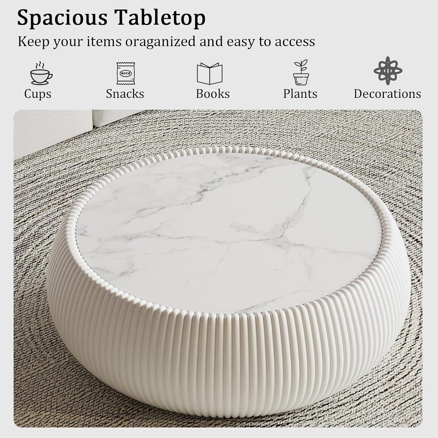 White Round Coffee Table with Sintered Stone Tabletop, 27.55' Drum Coffee Table with Fluted PU Leather Covered and Stable Base, Circle Cocktail Tea Table for Living Room