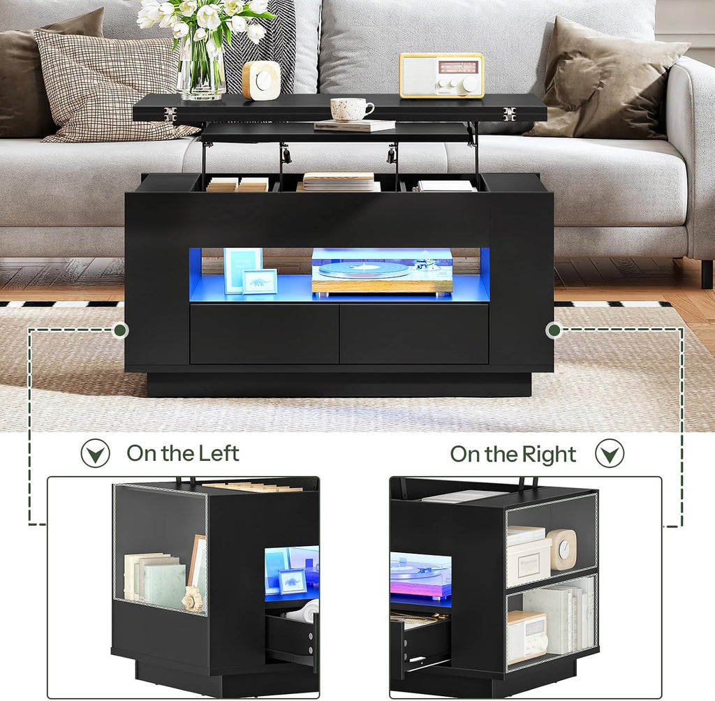 CHOEZON 40-Inch Lift Coffee Table with 2 Drawers, LED Lights and Storage, 4-in-1 Multi-Use Center Table with Floating Base, for Living Room, Black MKF03DBB