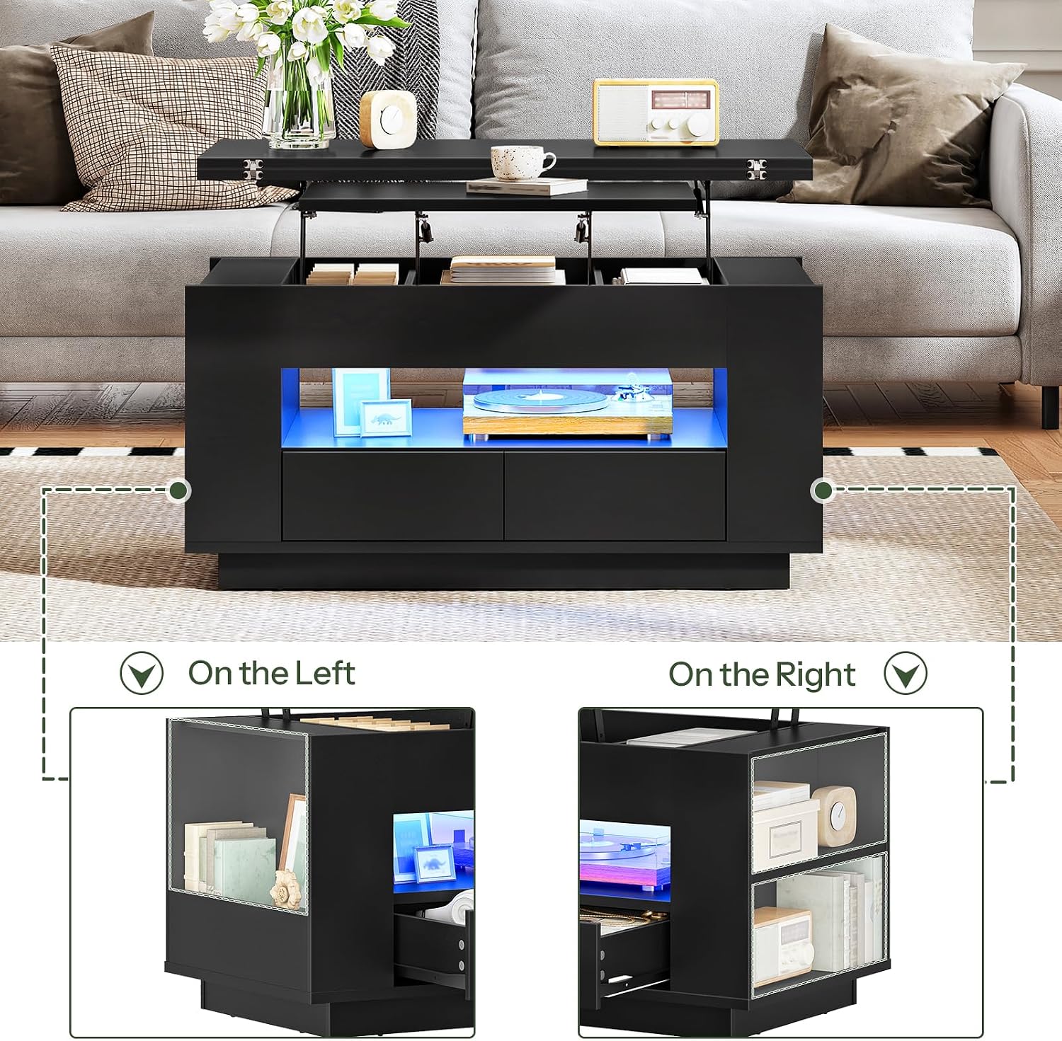 CHOEZON 40-Inch Lift Coffee Table with 2 Drawers, LED Lights and Storage, 4-in-1 Multi-Use Center Table with Floating Base, for Living Room, Black MKF03DBB