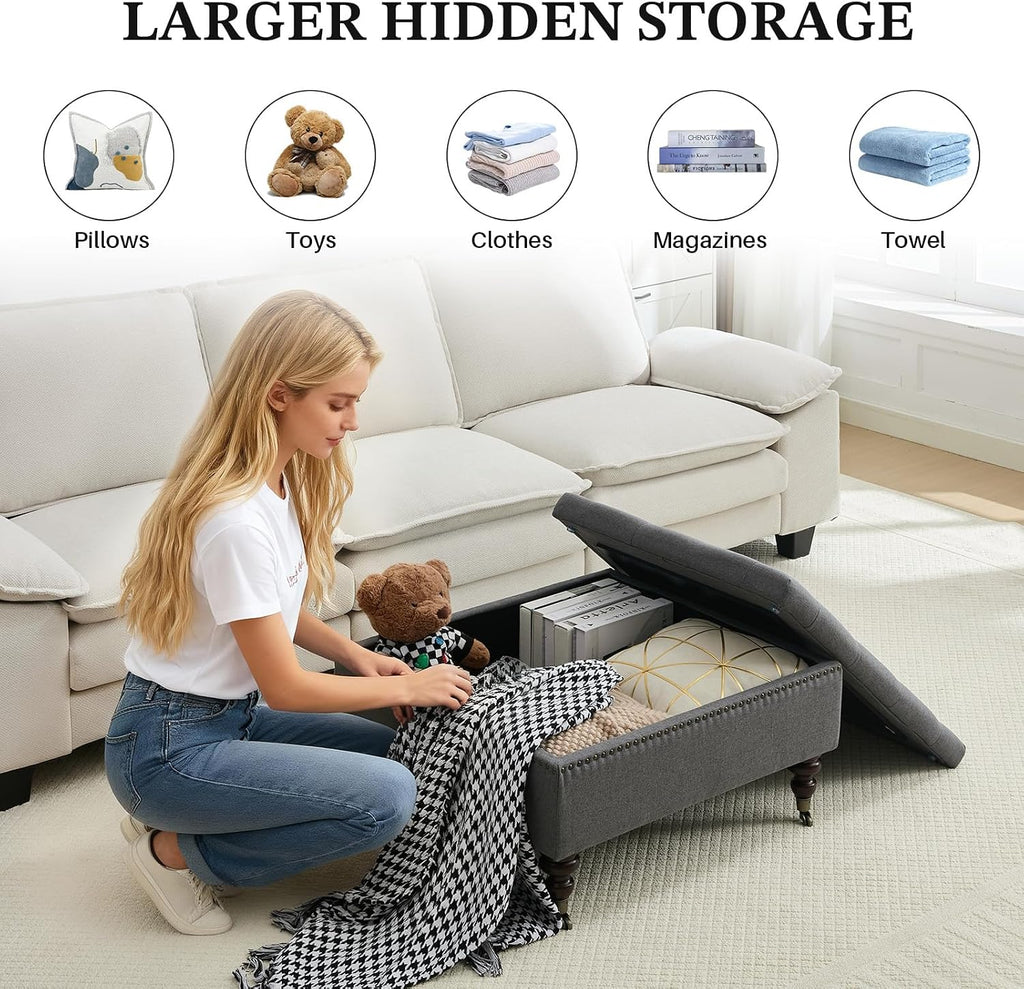 Square Storage Ottoman Coffee Table Tufted Upholstered Large Ottoman with Storage and Rolling Wheels Oversized Footrest Ottomans for Living Room, Dark Grey Linen