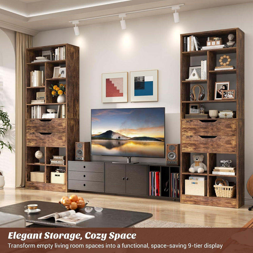 Armocity 9-Tier Tall Bookshelf with 2 Drawers, 79.7' Narrow Freestanding Bookcase, Space-Saving Wood Display Shelves Storage for Living Room, Home Office Bedroom, Rustic Brown