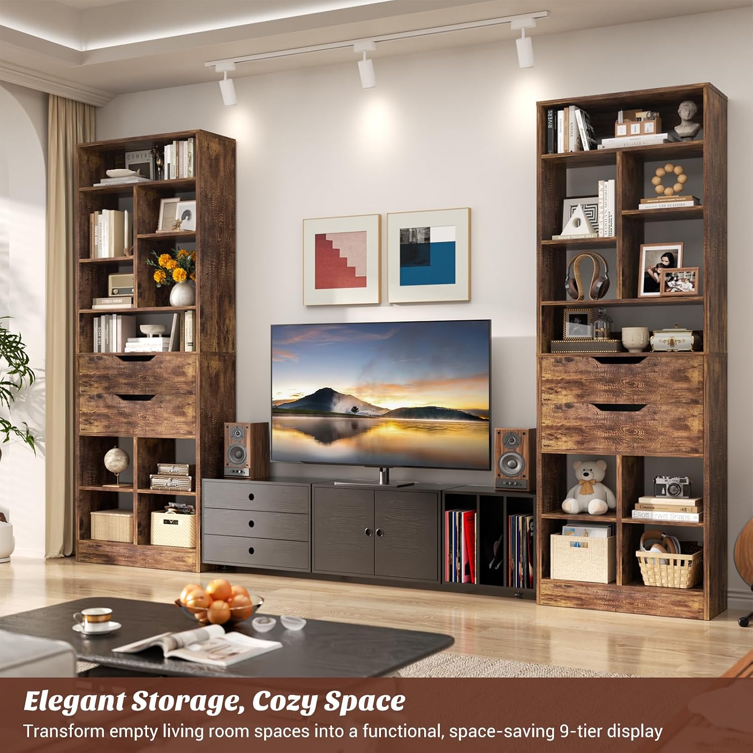 Armocity 9-Tier Tall Bookshelf with 2 Drawers, 79.7' Narrow Freestanding Bookcase, Space-Saving Wood Display Shelves Storage for Living Room, Home Office Bedroom, Rustic Brown