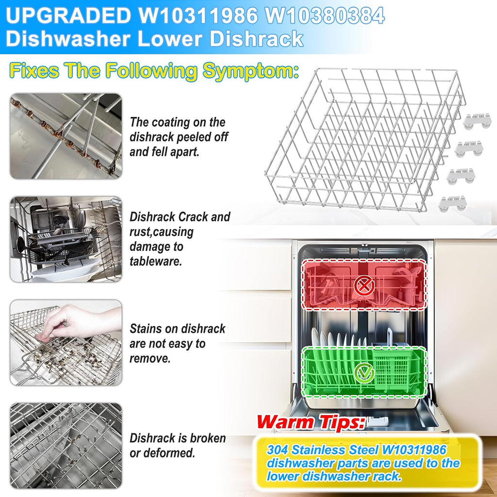 Upgraded W10311986 W10380384 Dishwasher Lower Rack 304 Stainless Steel Compatible with Whirlpool Dishwasher Racks Replacement Parts WDT750SAHZ0 WDTA50SAHZ0 Whirlpool Dishwasher Bottom Rack with Wheel