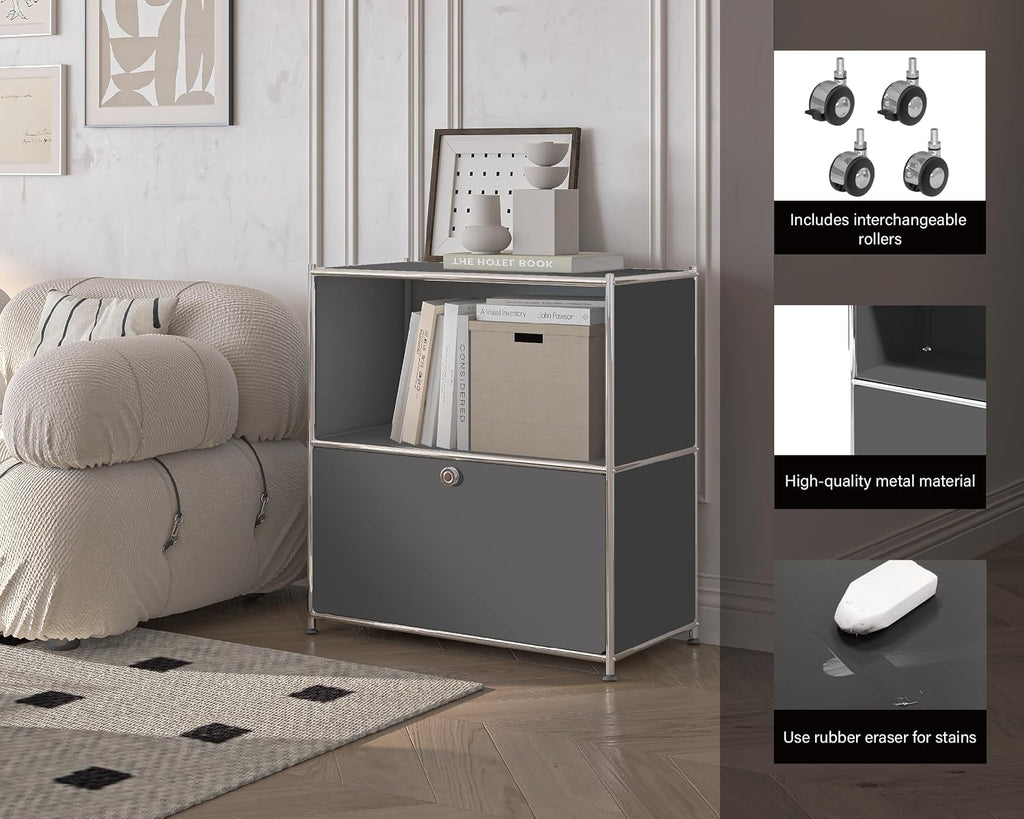 32.5-Inch Flip-Top Storage Cabinet with Detachable Wheels, Metal Side Table and Small Sideboard Cabinet for Living Room, Bedroom, Office, Orange