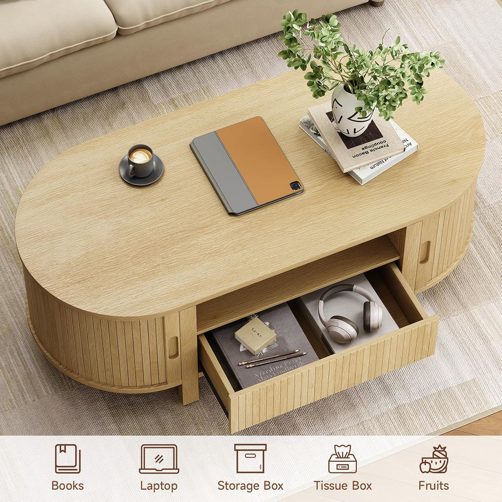 ONBRILL 47.2 Inch Oval Coffee Table with Storage, Mid Century Modern Coffee Table with Drawer, Center Table with Sliding Door and Wood Fluted Handle for Living Room, Oak