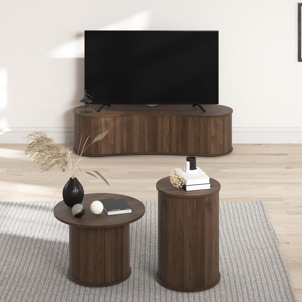 TV Stand and Coffee Table Set of 3, Living Room Table Set Fluted End Table & Coffee Table & 59' Low TV Stand with Sliding Doors, No Screws Ultra Fast Assembly, Walnut