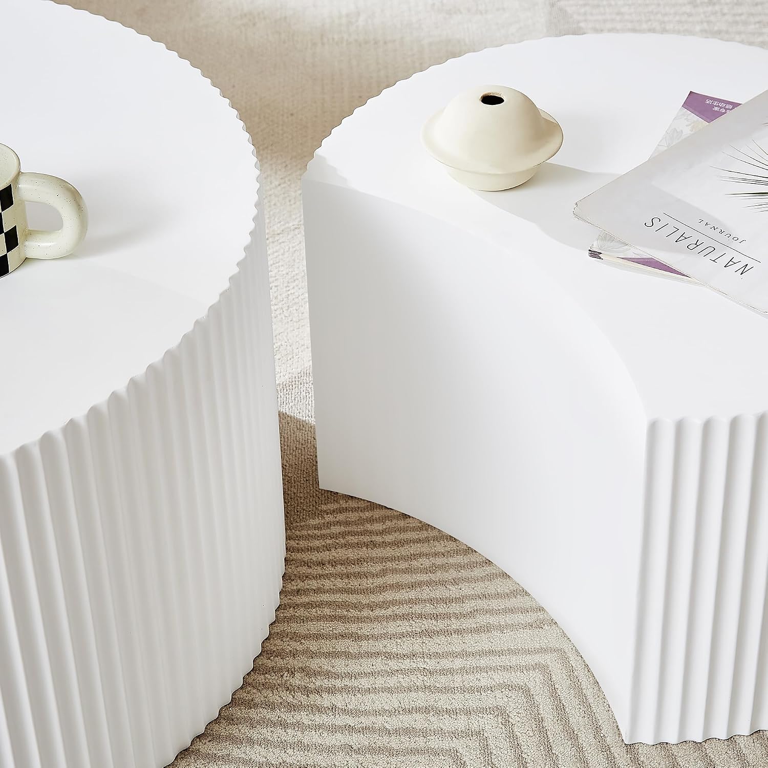 JUSTONE White Round Coffee Table Set of 2,Modern Luxury Nesting Coffee Table for Living Room,Wood Circle Drum Coffee Table for Small Spaces No Assembling (Matte White)