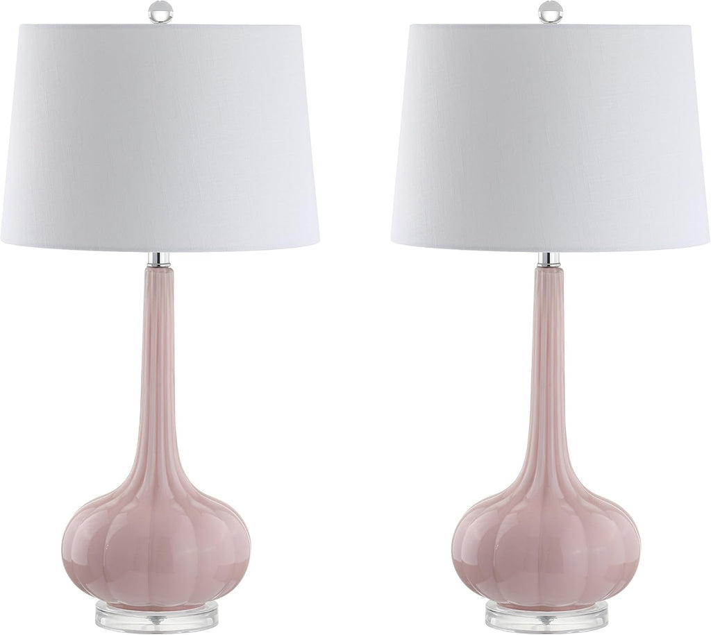 JONATHAN Y 28.5' Pink Glass Teardrop LED Table Lamp Set of 2 for Living Room Bedroom Nightstand, White Linen Shade Modern Transitional Bedside Desk Lamp JYL1079A-SET2
