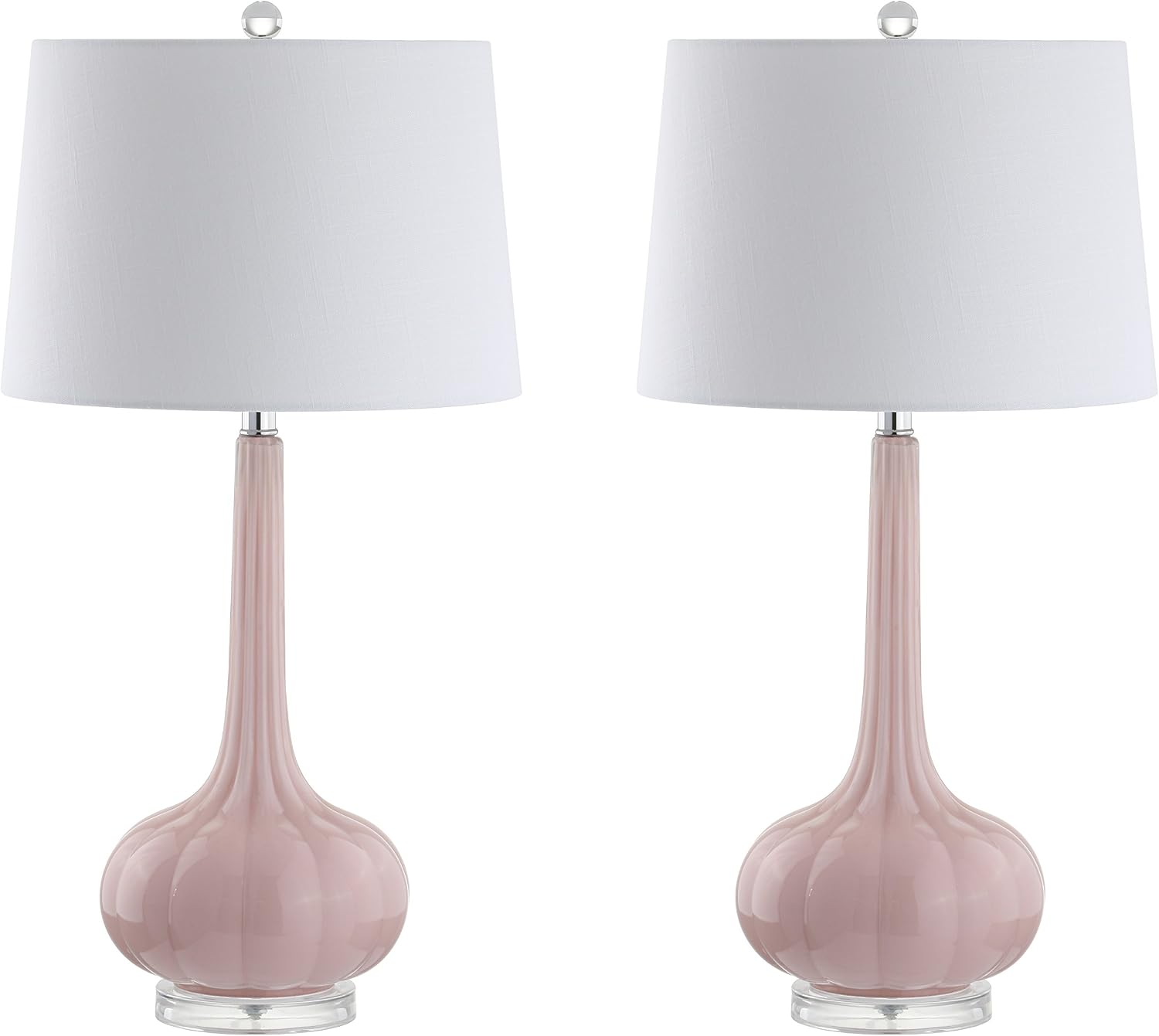 JONATHAN Y 28.5' Pink Glass Teardrop LED Table Lamp Set of 2 for Living Room Bedroom Nightstand, White Linen Shade Modern Transitional Bedside Desk Lamp JYL1079A-SET2