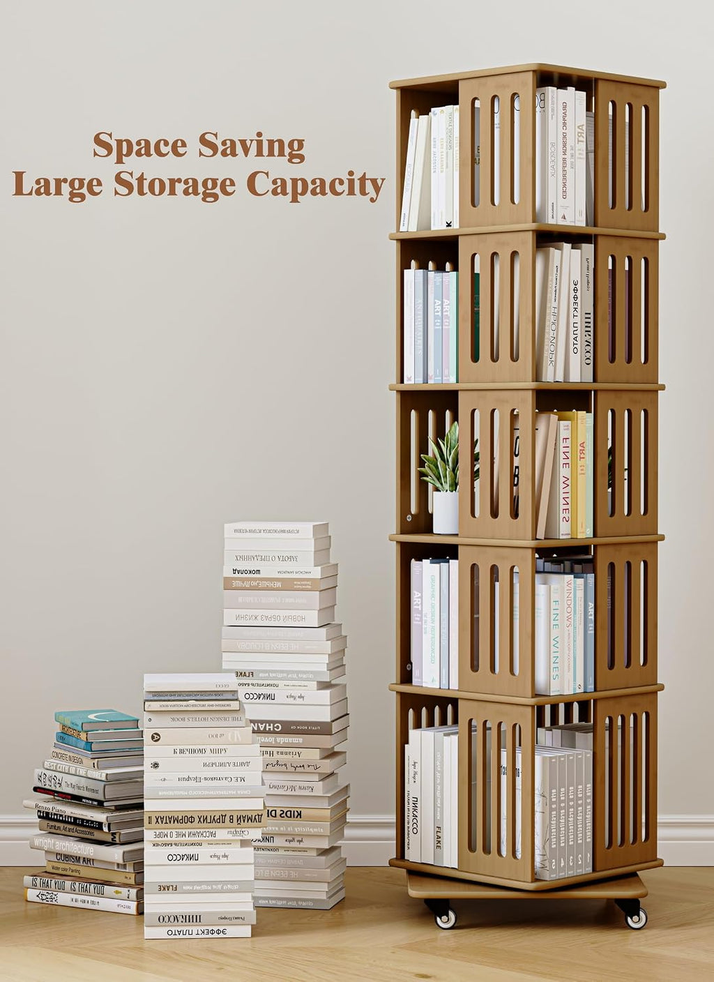 Baoz 60' Tall Rotating Bookshelf Tower, 5 Tier Walnut Spinning Bookcase | 360° Square Bamboo Revolving Book Shelf with 4 Wheels, Wood Narrow Book Case for Small Spaces, Floor Standing for Office