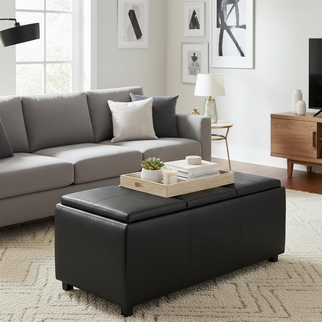 SIMPLIHOME Avalon Storage Ottoman - 42 inch Wide Upholstered Vegan Leather Rectangular Flip-Top Ottoman in Distressed Black, Contemporary Coffee Table Ottoman for Living Room with Hidden Storage