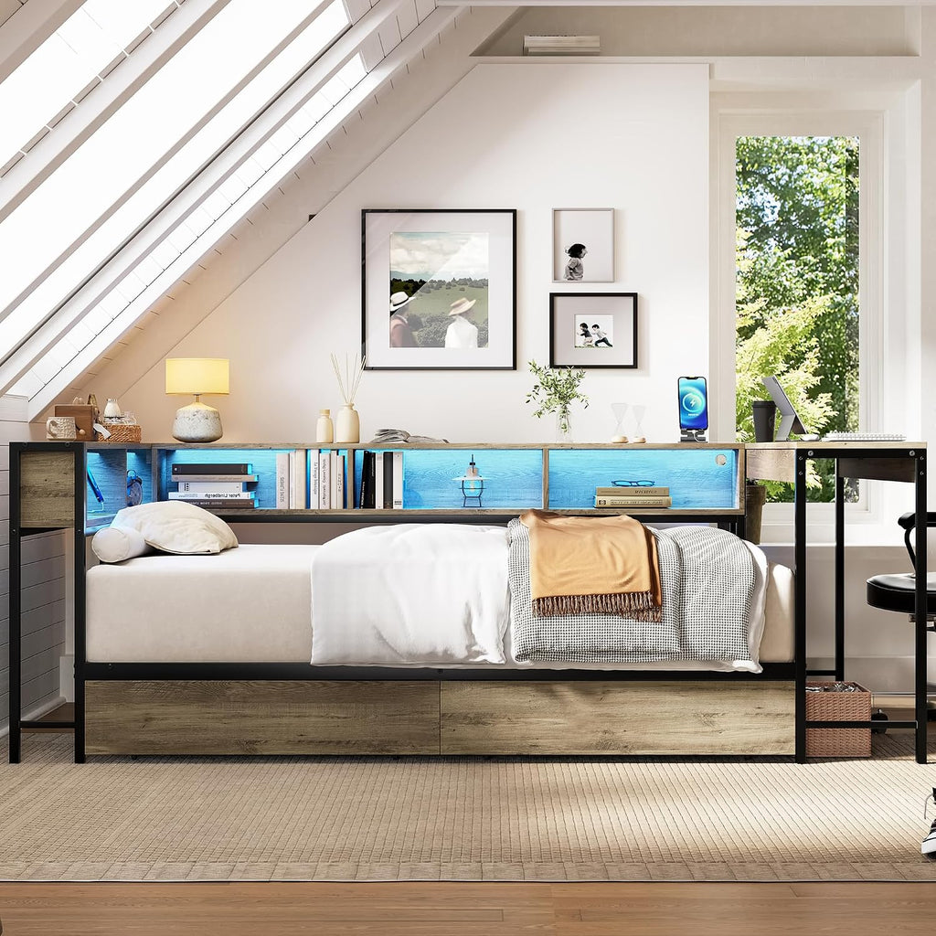 GDFStudio Twin Size Bed Frame with 2 Storage Drawers, Corner Platform Twin Bed with Desk and Bookcase Shelves, LED Light and Charging Station, Metal and Wood Twin Bed Frame, No Box Spring Needed, Grey