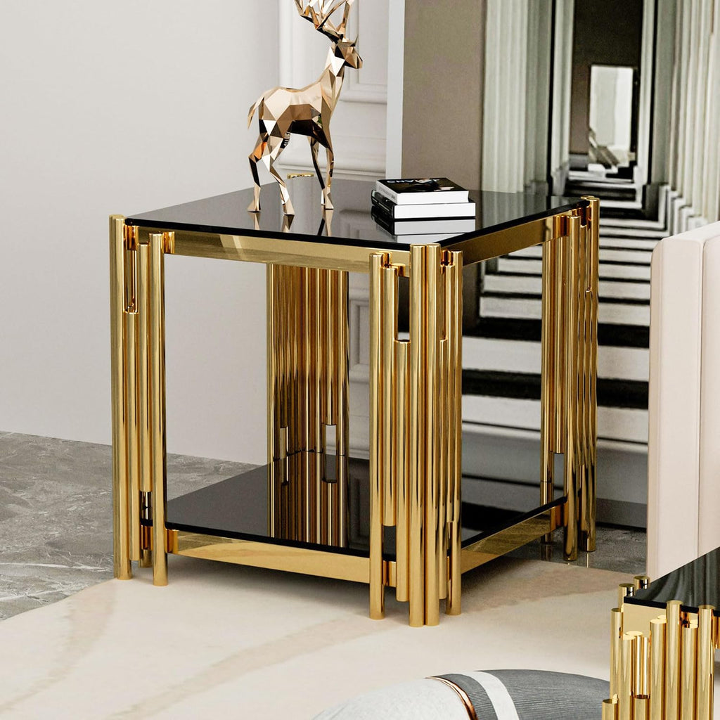 51' Black Glass Coffee Table Set of 3, Modern Luxury Gold End Table for Living Room Rectangle Tempered Glass Top Stainless Steel Leg, 20' Square Side Tables, Extra Large Size