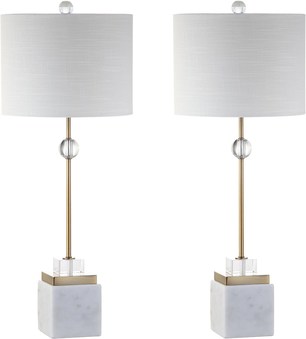 JONATHAN Y 30' White Marble and Brass Gold LED Table Lamp Set of 2, Modern Glam Crystal Pedestal Lamps for Living Room Bedroom, White Linen Shade, LED Bulbs Included JYL5008A-SET2