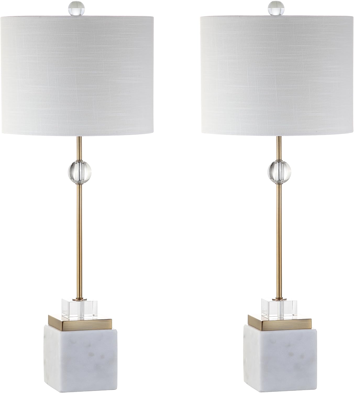 JONATHAN Y 30' White Marble and Brass Gold LED Table Lamp Set of 2, Modern Glam Crystal Pedestal Lamps for Living Room Bedroom, White Linen Shade, LED Bulbs Included JYL5008A-SET2