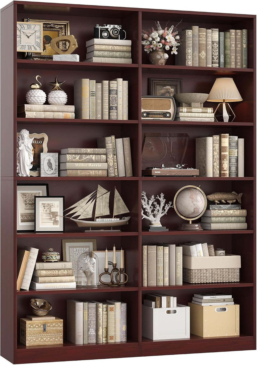 FACBOTALL Bookshelf and Bookcase, 6-Tier Double Wide Bookshelves,Freestanding Display Storage Shelves, Tall Bookcases for Home Decor Bedroom, Living Room, Home Office, Cherry
