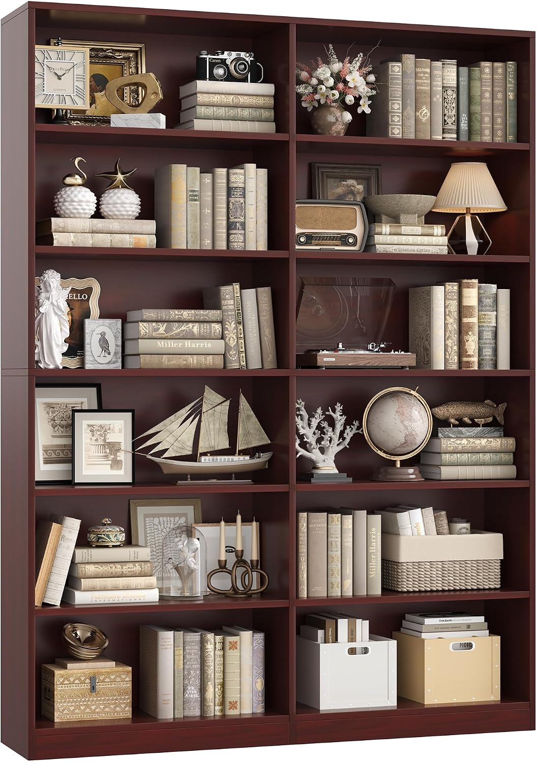 FACBOTALL Bookshelf and Bookcase, 6-Tier Double Wide Bookshelves,Freestanding Display Storage Shelves, Tall Bookcases for Home Decor Bedroom, Living Room, Home Office, Cherry