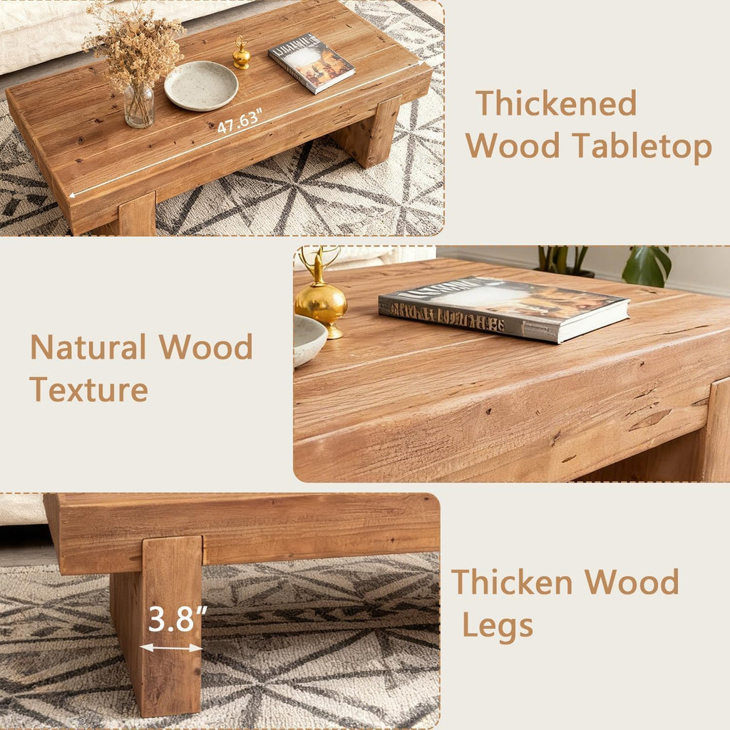 SSLine Solid Wood Coffee Table 47.6-Inch Rectangular Coffee Table for Living Room,Farmhouse Rustic Center Tables with Thicken Top and Sturdy Legs,Walnut