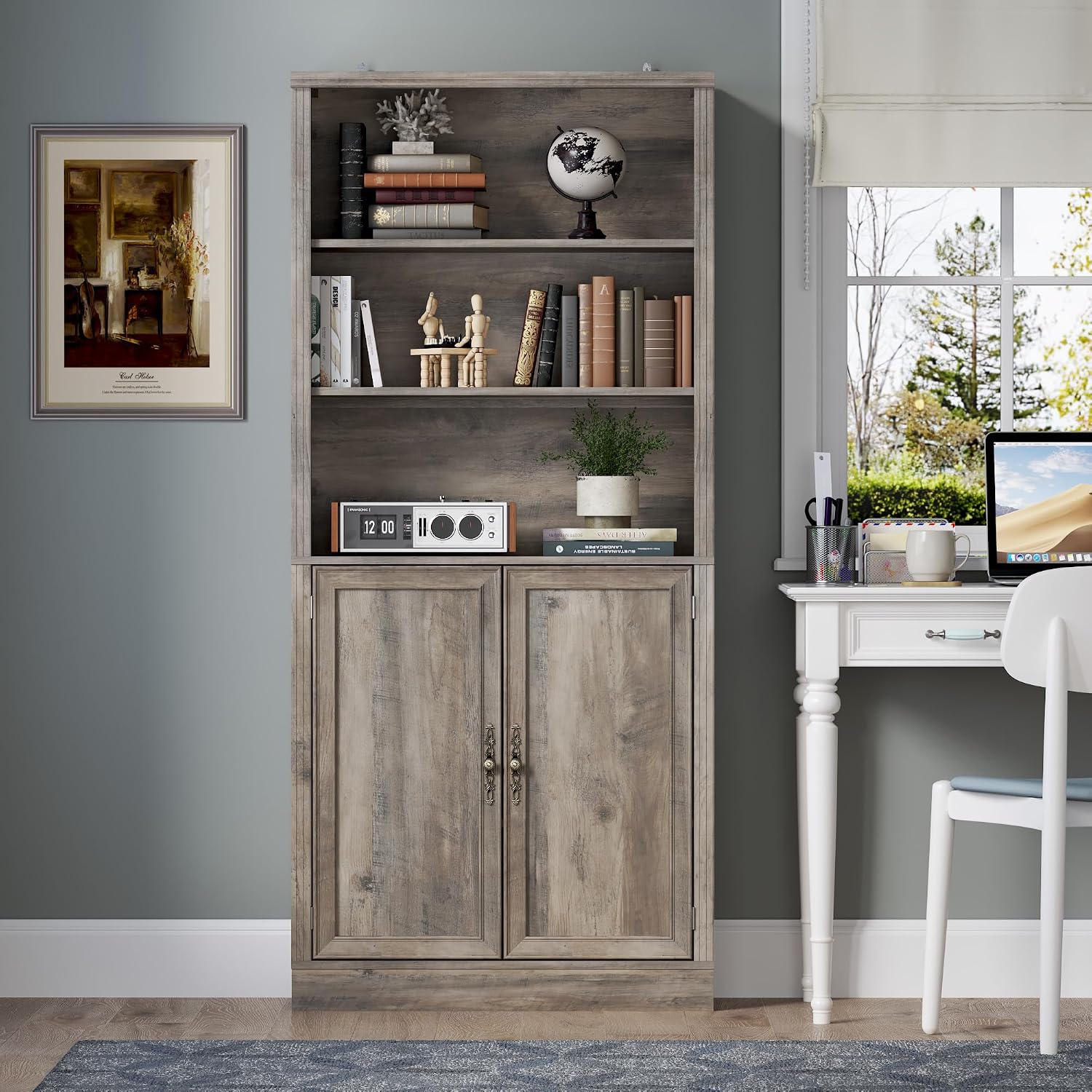 BORNOON 70.1' Tall Bookshelf with Cabinet, 5-Tier Floor Standing Bookcase with Doors & Adjustable Shelves, 31.5' Wide Storage Shelf, Metal Handles, Modern Organizer for Home Office, Living Room