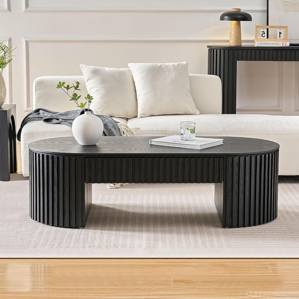 JUSTONE 51.18'' Black Oval Wood Coffee Table with Drawer, Farmhouse Wood Coffee Table for Living Room,Apartment(Black)