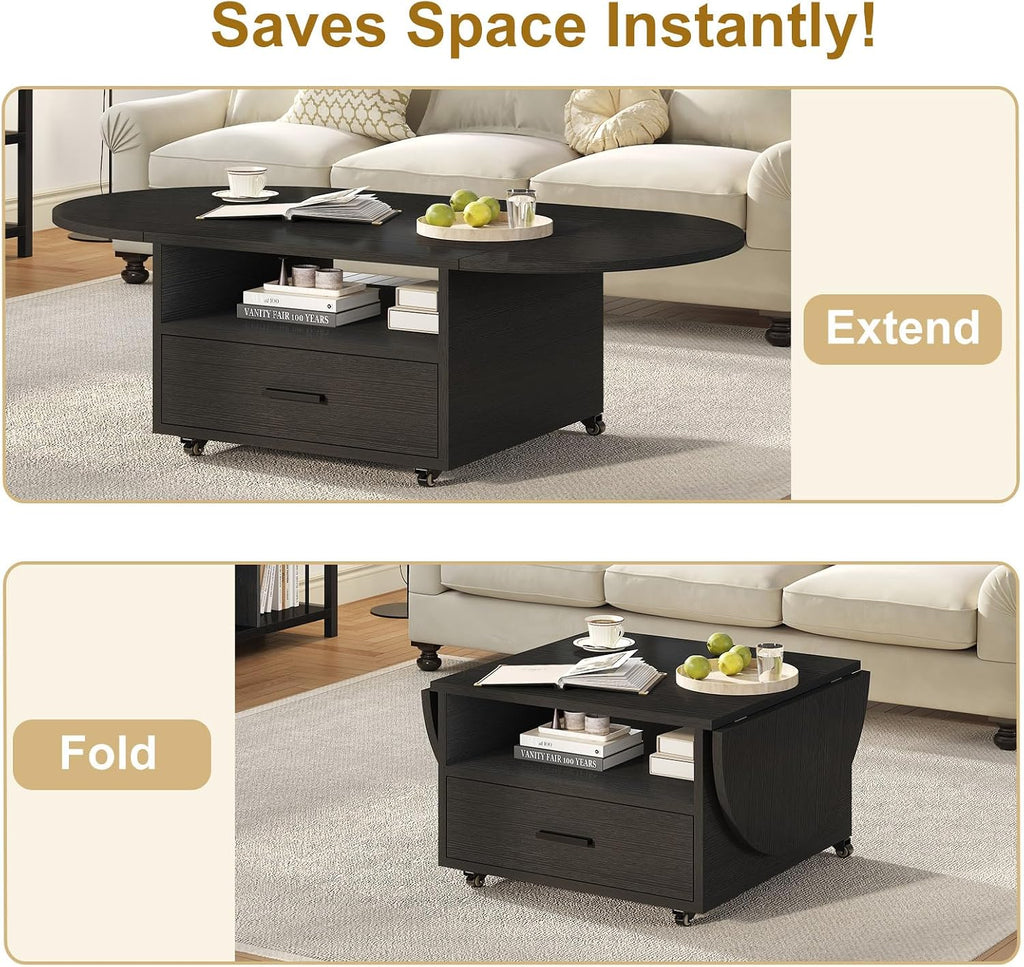 IBF Black Coffee Table with Drawer, Oval Foldable Center Table with Storage, Modern Wood Living Room Table with Wheels, Multifunctional Extendable Tea Table for Home Bedroom Office, Black Oak, 47 Inch