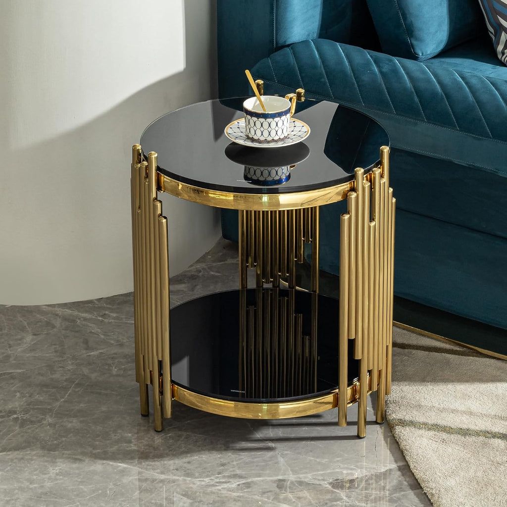 Luxury Gold Round Glass End Table, 17.7' Modern Side Table with Stainless Steel Irregular Leg Black Tempered Glass Tabletop, Accent Furniture for Living Room, Black