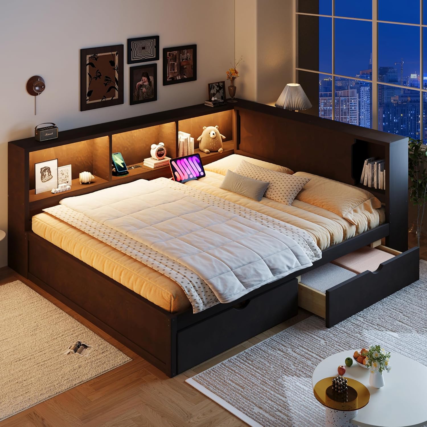 MERITLINE Queen Size Corner Bed with 2 Storage Drawers and Shelves, Wooden Daybed Frame with LED Lights and USB Ports, Modern Teenagers Bedframe, Brown