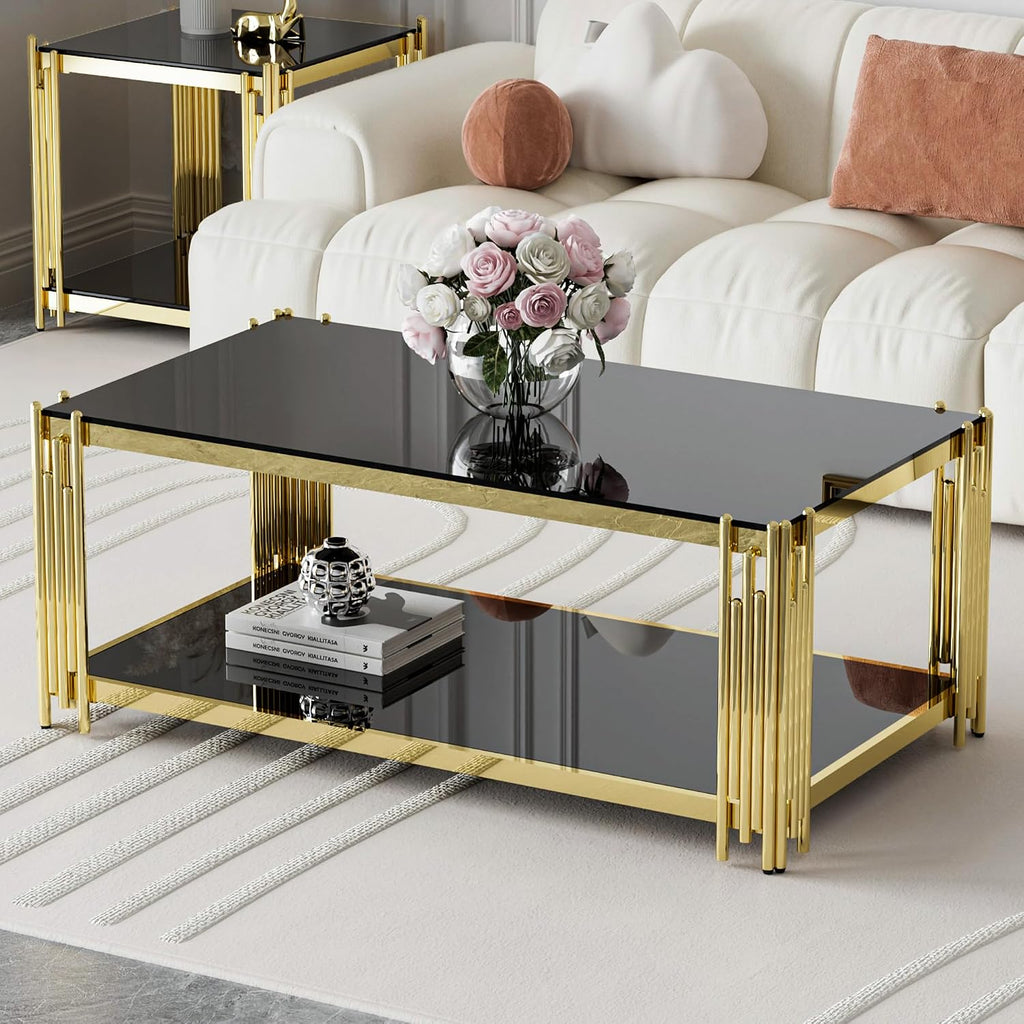 Black Glass Coffee Table 43' Modern Living Room Table Gold Stainless Steel Metal Leg Rectangular Tempered Glass Luxury Center Tables for Home Office