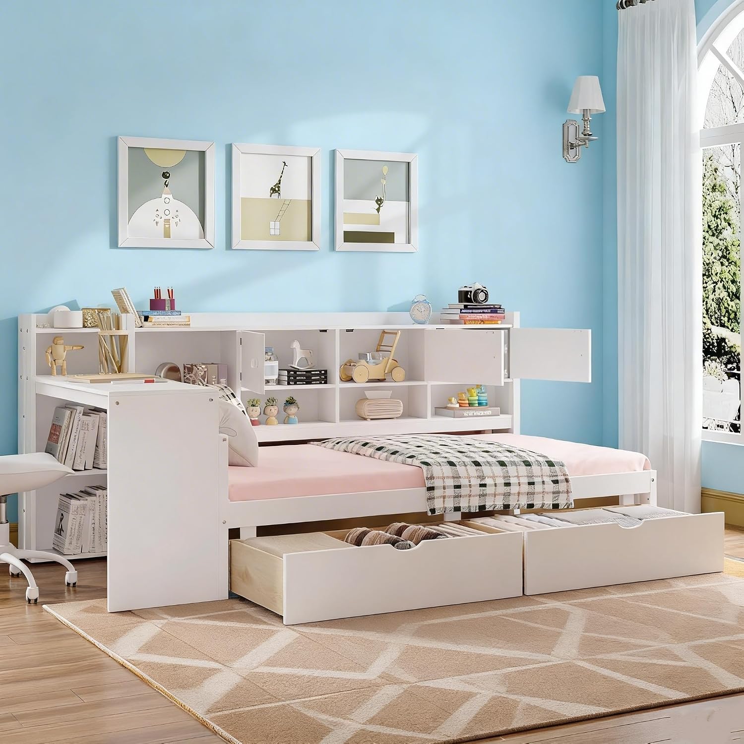 RuiSiSi Twin Size Daybed with Drawers and Shelves, Wood Corner Bed with Bookcase and Desk, L-Shape Daybed Frame with Desk for Kids Teens Adults, White